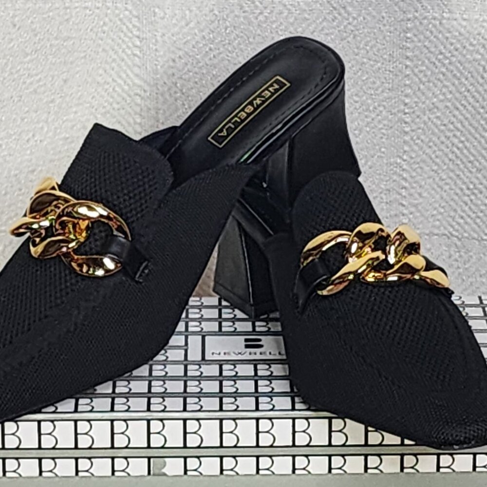 Newbella Black Mousse Fit Pointed Toe Square Heel Gold Tone Chain Dress Mule 7.5 - Picture 2 of 16